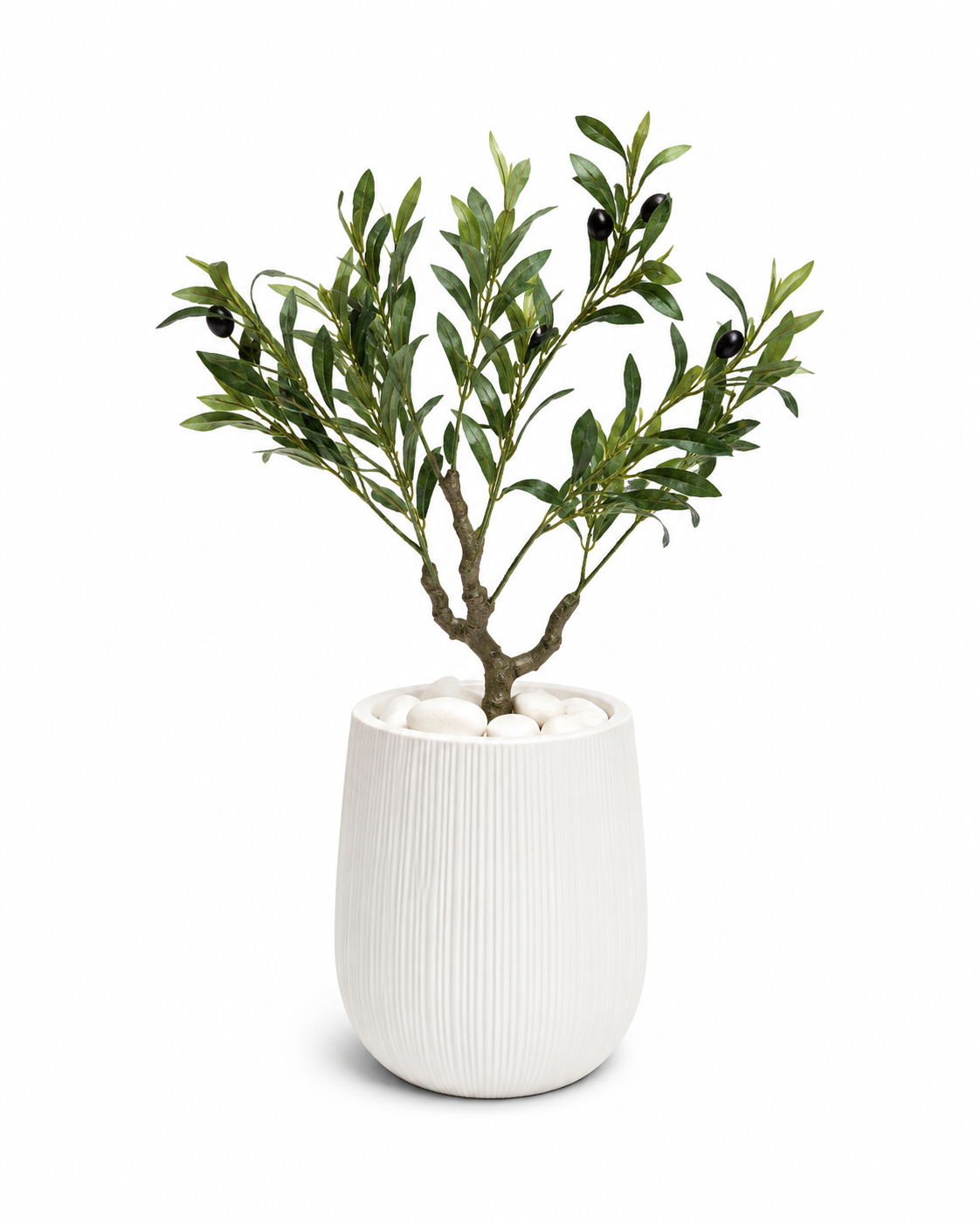 עץ זית מלאכותי 60 ס״מ בכד White IVORY לבן עם חלוקי נחל לבנים